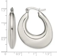 Two silver-toned hoop earrings shown with a measurement scale, featuring polished curved cylindrical forms with post and clutch closures.
