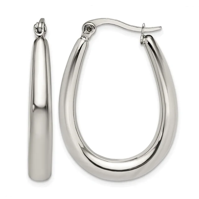 A pair of polished silver-toned oval hoop earrings with a hollow teardrop shape, shown from front and side views with posts and clutch backs.