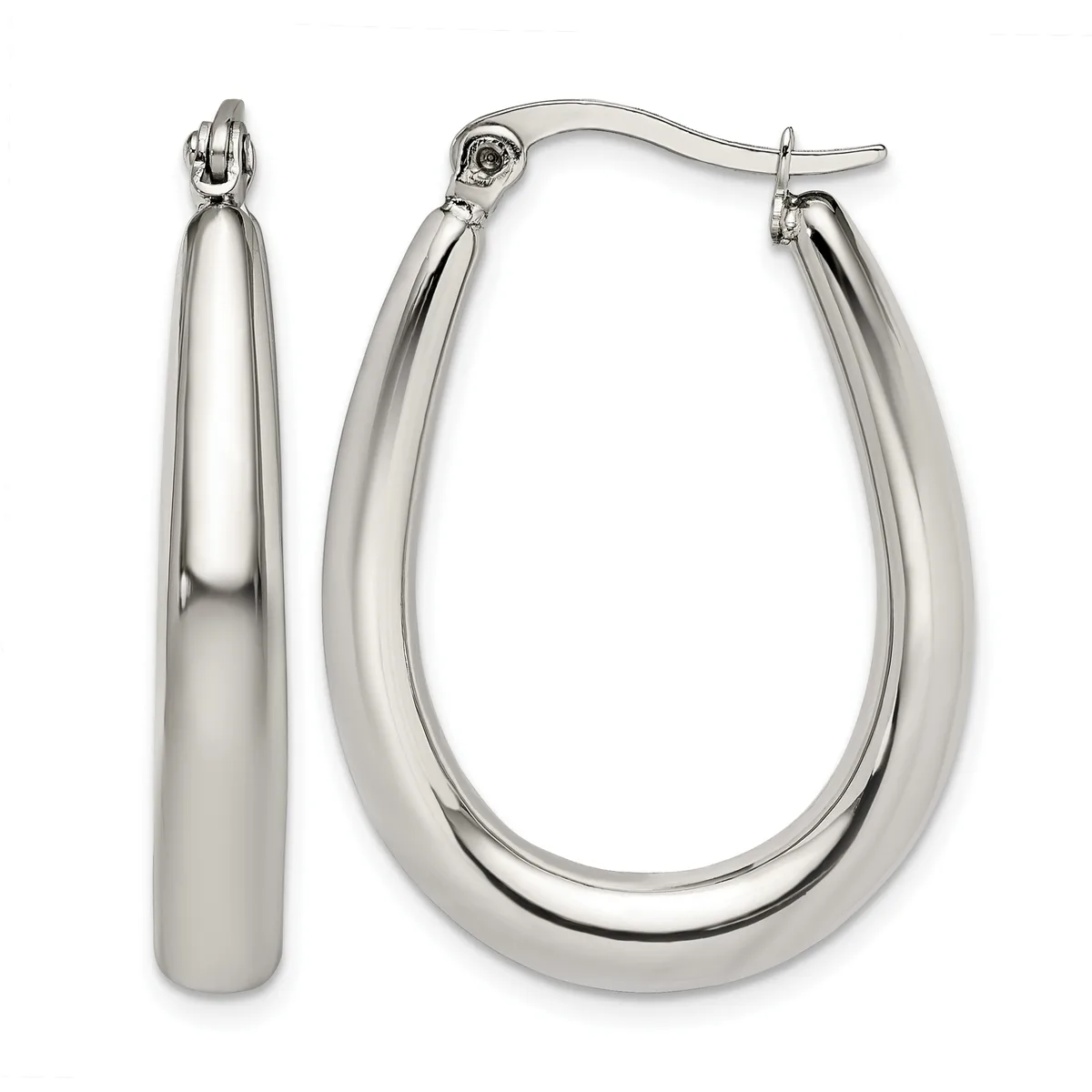 A pair of polished silver-toned oval hoop earrings with a hollow teardrop shape, shown from front and side views with posts and clutch backs.