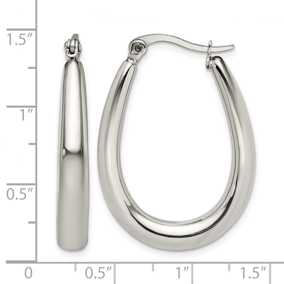 A pair of polished silver teardrop-shaped hoop earrings with hinged closures, shown next to a ruler indicating they measure approximately 1.5 inches in length.