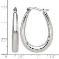 A pair of polished silver teardrop-shaped hoop earrings with hinged closures, shown next to a ruler indicating they measure approximately 1.5 inches in length.