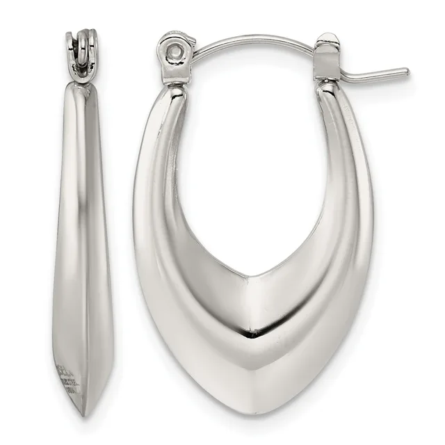 Pair of polished silver-toned chunky hoop earrings with hinged posts, shown from front and side views.