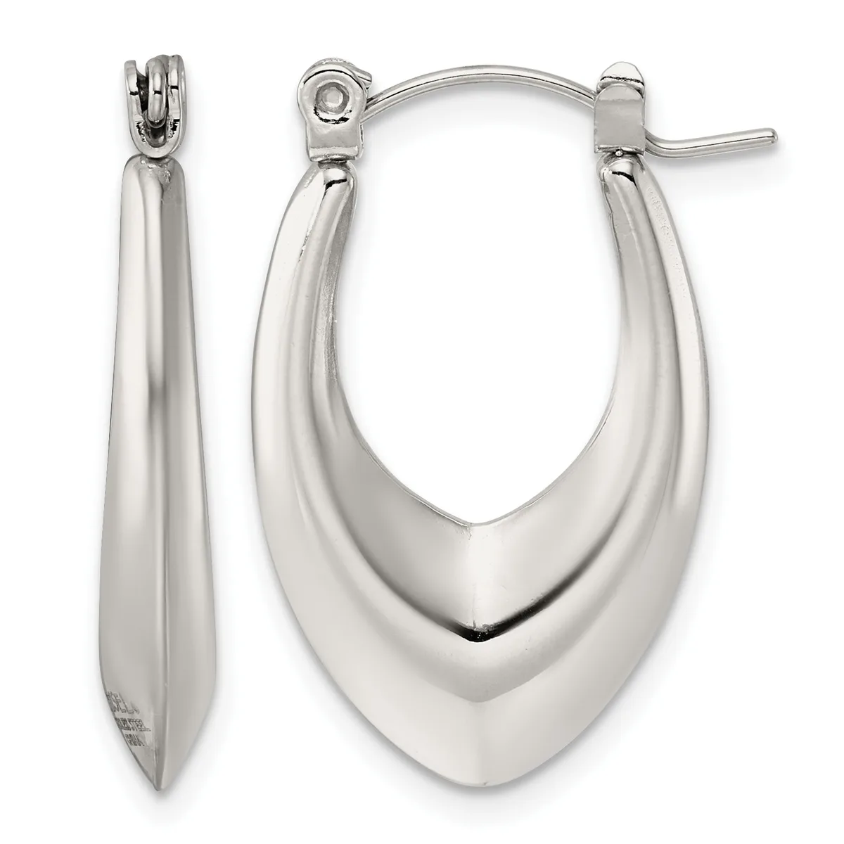 Pair of polished silver-toned chunky hoop earrings with hinged posts, shown from front and side views.