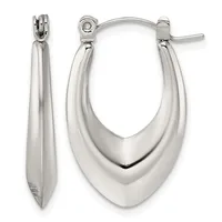 Pair of polished silver-toned chunky hoop earrings with hinged posts, shown from front and side views.