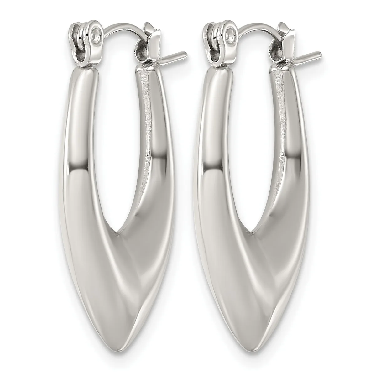 A pair of polished silver-toned elongated oval hoop earrings with a curved, tapered design and hinged closures.
