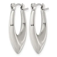 A pair of polished silver-toned elongated oval hoop earrings with a curved, tapered design and hinged closures.