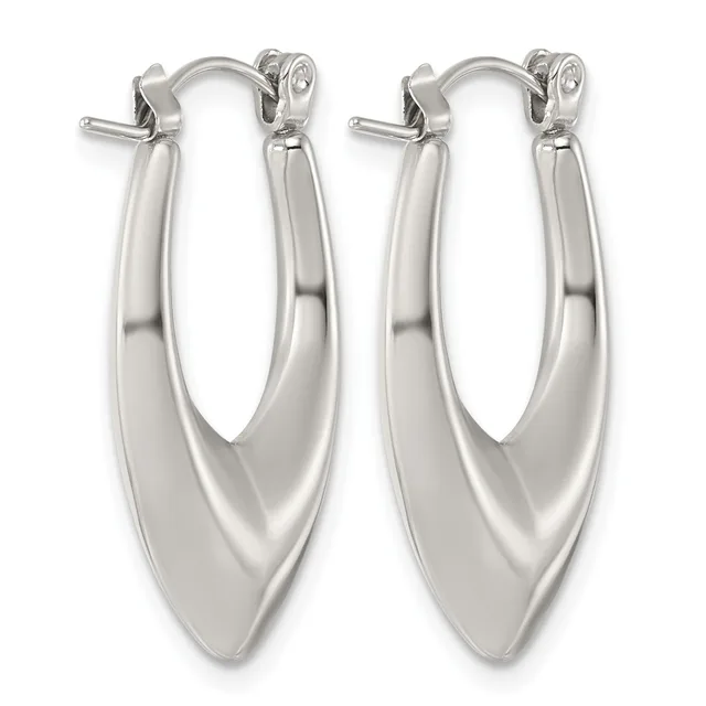 A pair of polished silver-toned elongated oval hoop earrings with pointed bottoms and lever-back closures, shown against a white background.