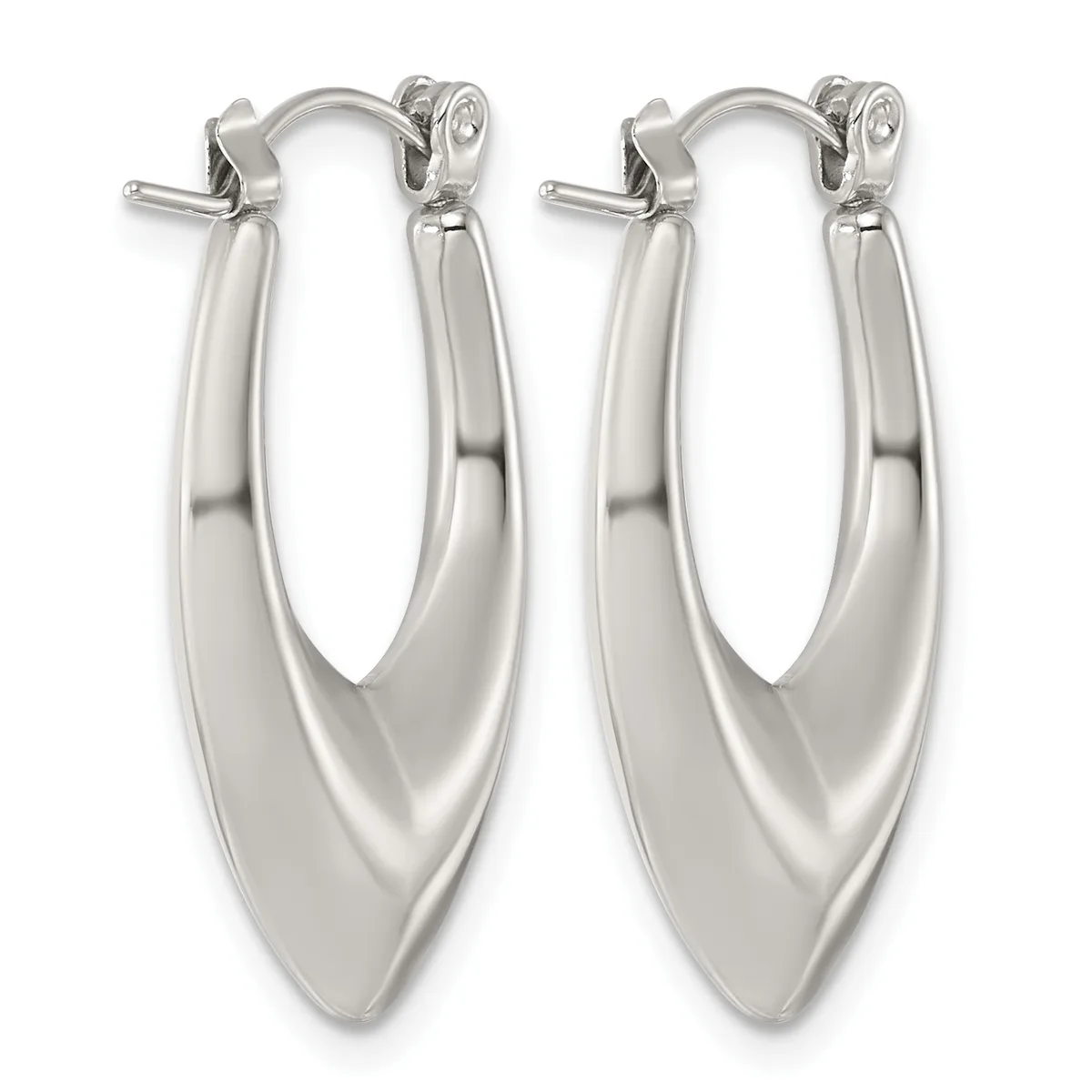 A pair of polished silver-toned elongated oval hoop earrings with pointed bottoms and lever-back closures, shown against a white background.