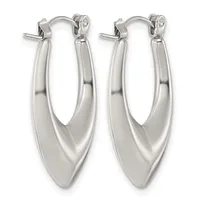 A pair of polished silver-toned elongated oval hoop earrings with pointed bottoms and lever-back closures, shown against a white background.