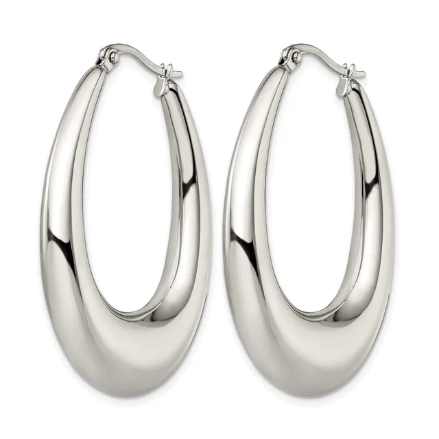 A pair of polished silver oval hoop earrings with a smooth, rounded surface and hinged closures, displayed against a white background.