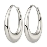 A pair of polished silver oval hoop earrings with a smooth, rounded surface and hinged closures, displayed against a white background.