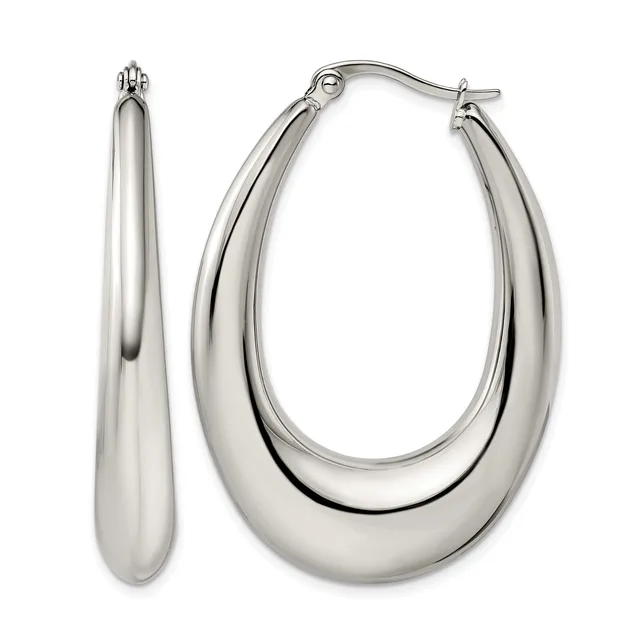 A pair of polished silver-tone oval hoop earrings with a curved, tapered design and hinged closures, shown from front and side views.