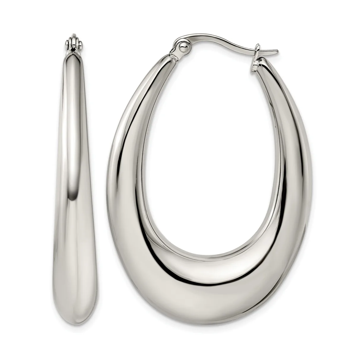 A pair of polished silver-tone oval hoop earrings with a curved, tapered design and hinged closures, shown from front and side views.