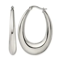 A pair of polished silver-tone oval hoop earrings with a curved, tapered design and hinged closures, shown from front and side views.