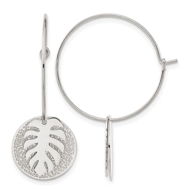Pair of silver hoop earrings, one featuring a circular pendant with a leaf-vein pattern and textured background, the other a plain polished hoop with post closure.