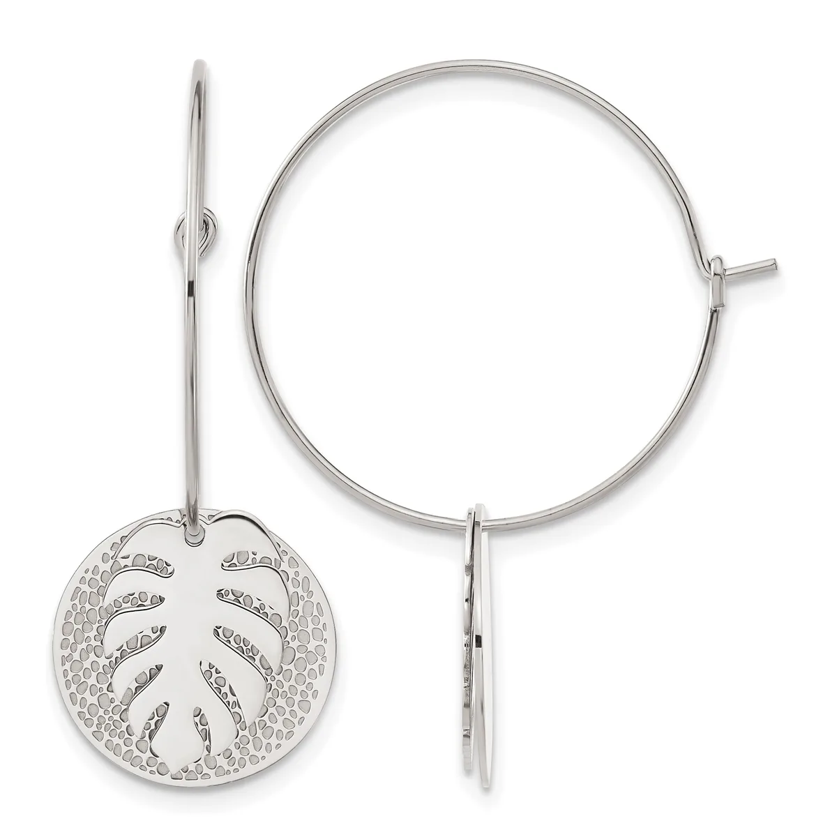 Pair of silver hoop earrings, one featuring a circular pendant with a leaf-vein pattern and textured background, the other a plain polished hoop with post closure.