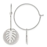 Pair of silver hoop earrings, one featuring a circular pendant with a leaf-vein pattern and textured background, the other a plain polished hoop with post closure.