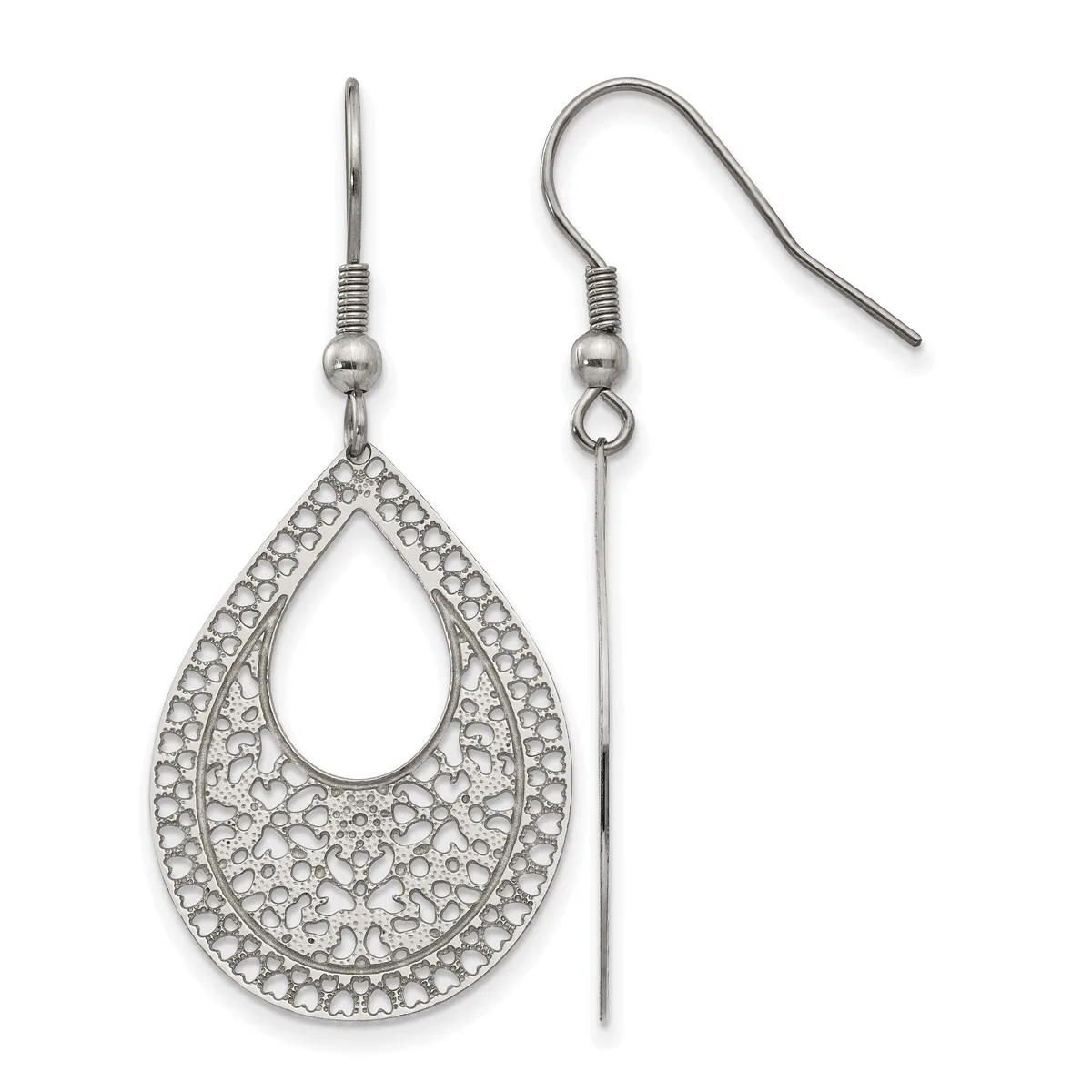 A pair of silver teardrop earrings with ornate filigree detailing and crystal rhinestones, shown with matching fish hook ear wires.