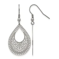 A pair of silver teardrop earrings with ornate filigree detailing and crystal rhinestones, shown with matching fish hook ear wires.