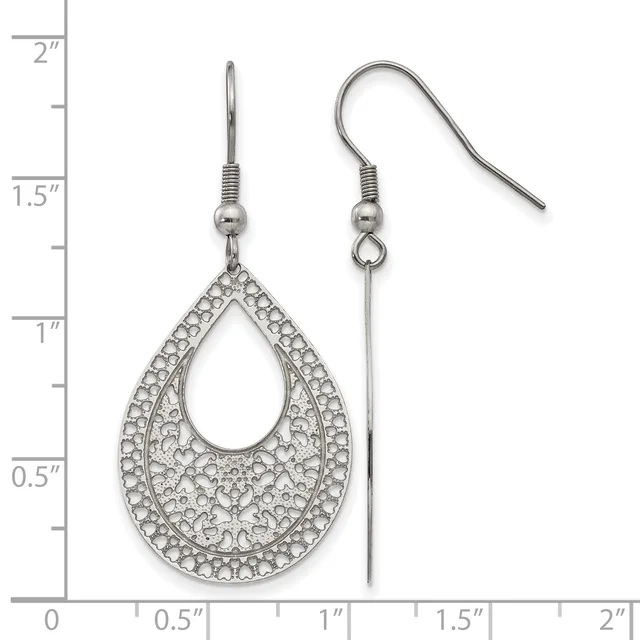 A pair of silver-toned teardrop earrings with ornate filigree detailing and matching fish hook ear wires, displayed next to a ruler showing them measuring approximately one inch in length.