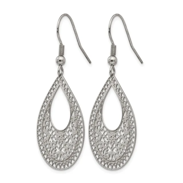 Pair of silver-toned teardrop earrings with filigree detailing and fish hook closures, displayed against a white background.