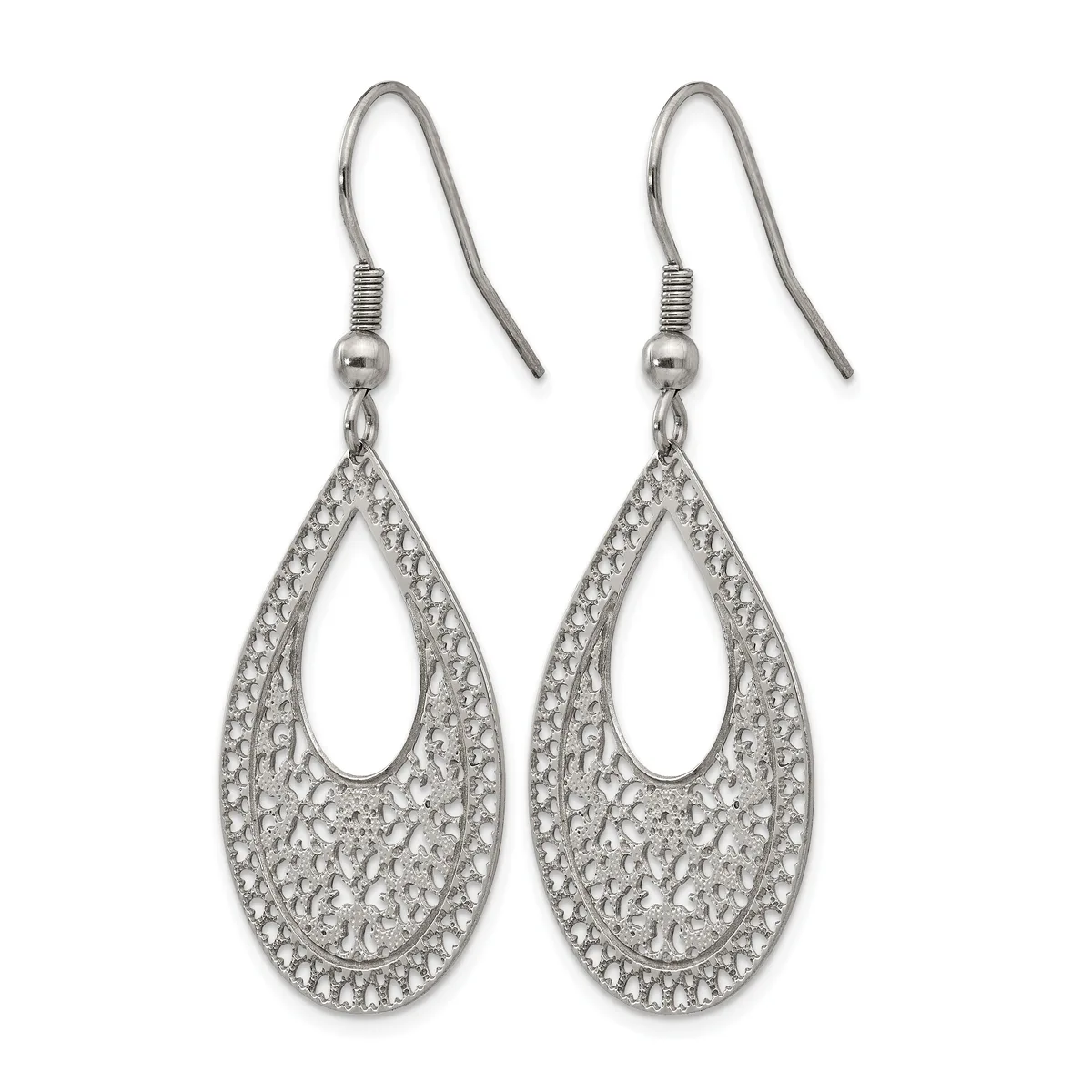 Pair of silver-toned teardrop earrings with filigree detailing and fish hook closures, displayed against a white background.