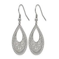 Pair of silver-toned teardrop earrings with filigree detailing and fish hook closures, displayed against a white background.