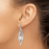 A woman wearing a silver twisted drop earring with a marquise-cut diamond suspended in the center, shown on her ear from the side.