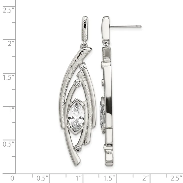 A pair of silver dangle earrings with marquise-cut clear stones surrounded by curved metalwork and smaller accent stones, shown front and back against a measurement scale.