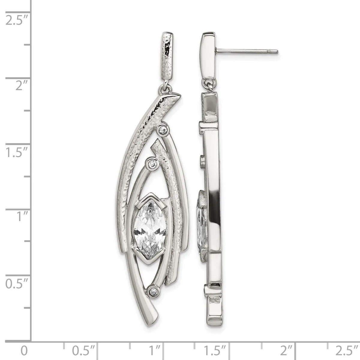 A pair of silver dangle earrings with marquise-cut clear stones surrounded by curved metalwork and smaller accent stones, shown front and back against a measurement scale.