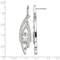 A pair of silver dangle earrings with marquise-cut clear stones surrounded by curved metalwork and smaller accent stones, shown front and back against a measurement scale.