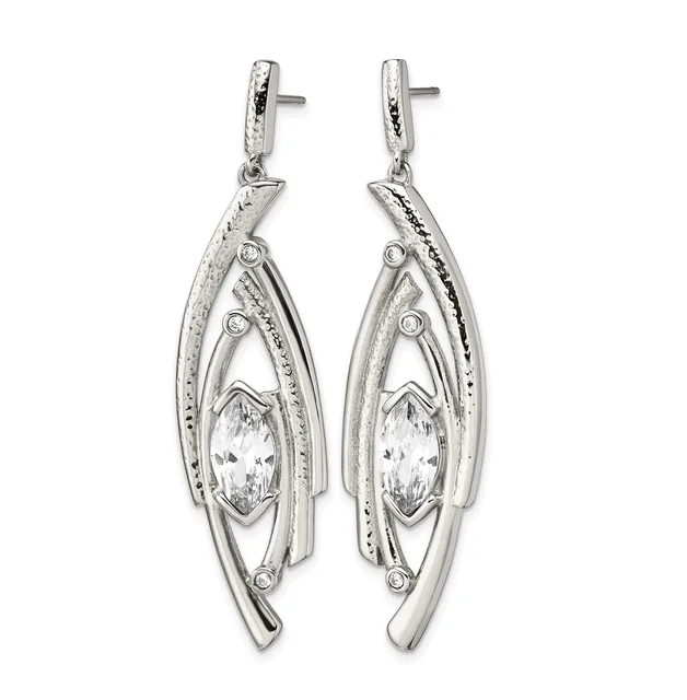 A pair of silver drop earrings with marquise-cut cubic zirconia centers surrounded by decorative metalwork and small accent stones, shown from the front against a white background.