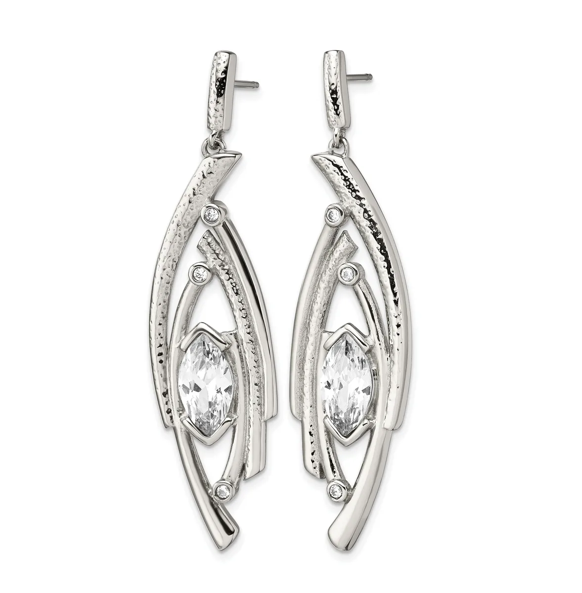 A pair of silver drop earrings with marquise-cut cubic zirconia centers surrounded by decorative metalwork and small accent stones, shown from the front against a white background.