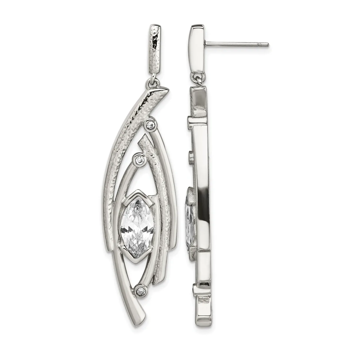 Pair of silver dangle earrings with marquise-cut cubic zirconia centers surrounded by curved metal bands and small round accent stones, shown from front and back views.