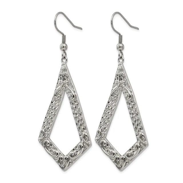 Pair of silver-toned filigree teardrop earrings with ornate scrollwork details, hanging from curved ear wires.