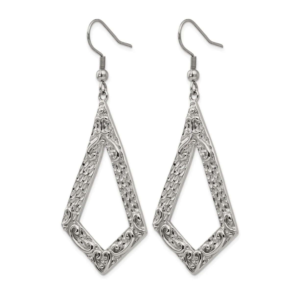 Pair of silver-toned filigree teardrop earrings with ornate scrollwork details, hanging from curved ear wires.