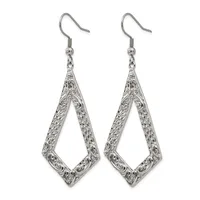 Pair of silver-toned filigree teardrop earrings with ornate scrollwork details, hanging from curved ear wires.