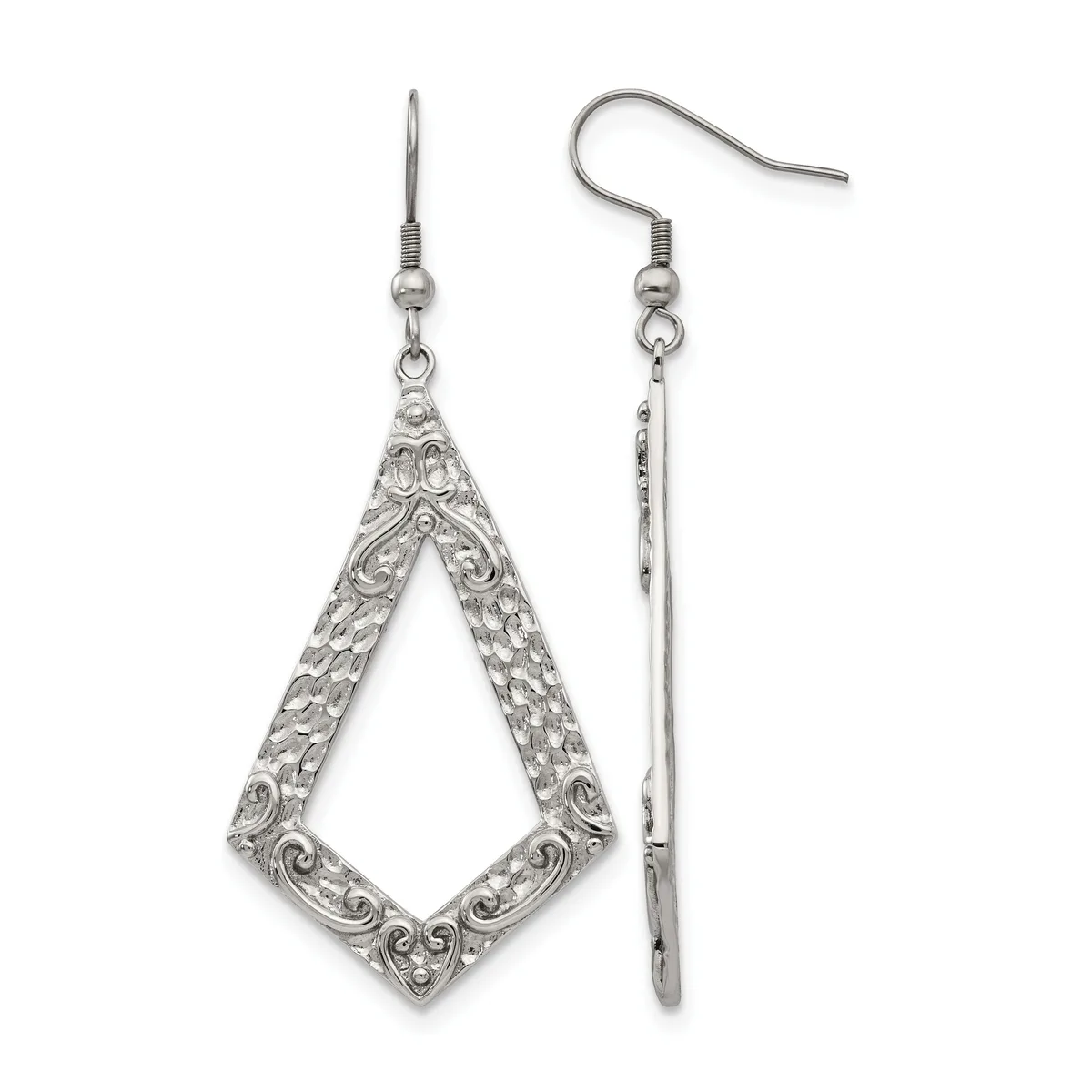 A pair of silver ornamental dangle earrings with filigree-patterned teardrop shapes and matching fish hook ear wires, shown from front and side views.