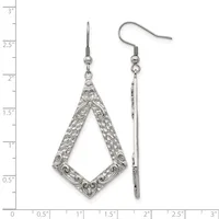 A pair of silver-tone ornate teardrop-shaped dangle earrings with decorative filigree detailing, shown front and side view against a measurement ruler.