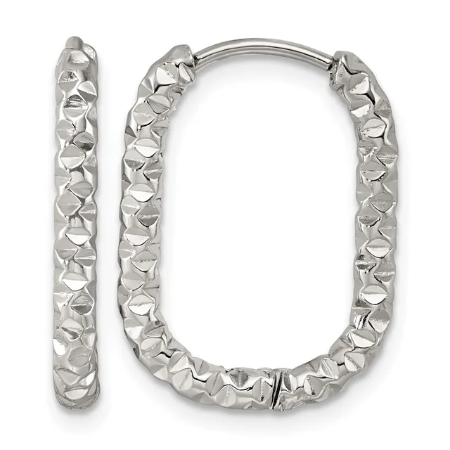 A pair of silver hoop earrings with a hammered or textured surface finish, shown from the front with one earring displayed separately on the left.