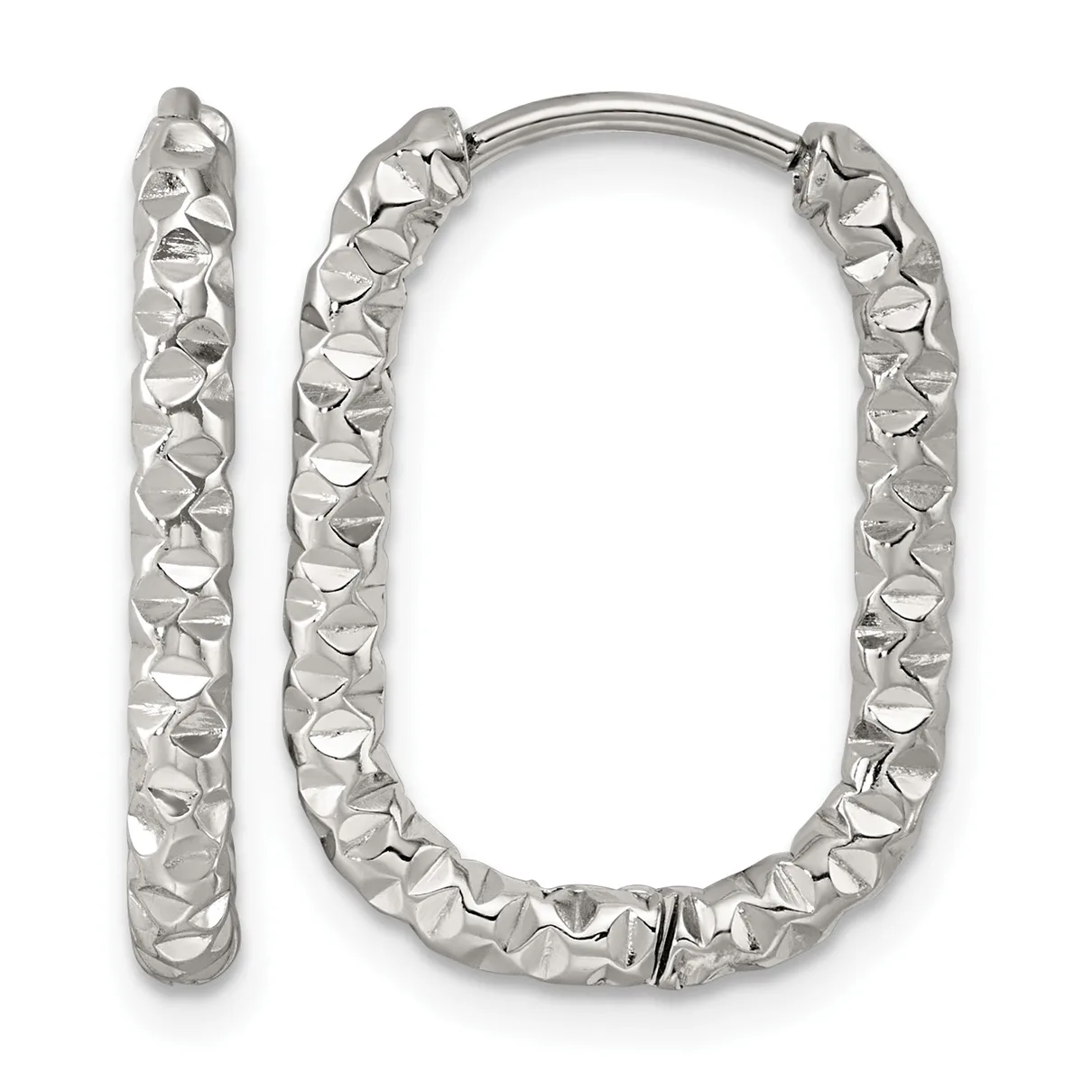 A pair of silver hoop earrings with a hammered or textured surface finish, shown from the front with one earring displayed separately on the left.