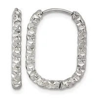 A pair of silver hoop earrings with a hammered or textured surface finish, shown from the front with one earring displayed separately on the left.