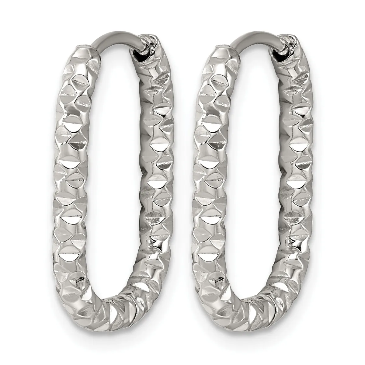 Pair of silver oval hoop earrings with a textured hammered surface finish and hinged closures.