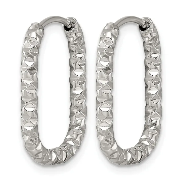 Pair of silver oval hoop earrings with a textured, hammered surface finish and hinged closures.