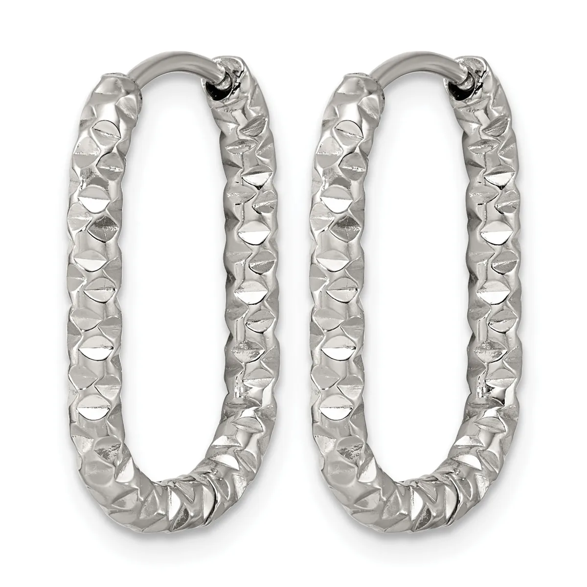 Pair of silver oval hoop earrings with a textured, hammered surface finish and hinged closures.