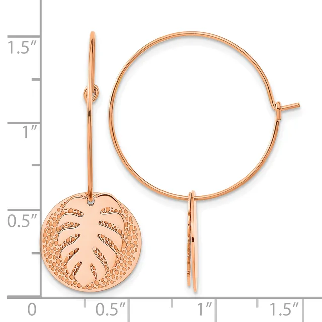 Rose gold hoop earrings with circular leaf-motif charms hanging from wires, displayed against a measurement scale showing approximately 1.5 inches in length.