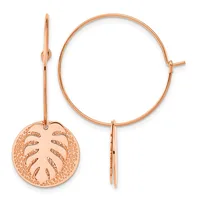 Pair of rose gold hoop earrings with leaf-shaped pendants featuring textured circular designs, shown from front and side views.