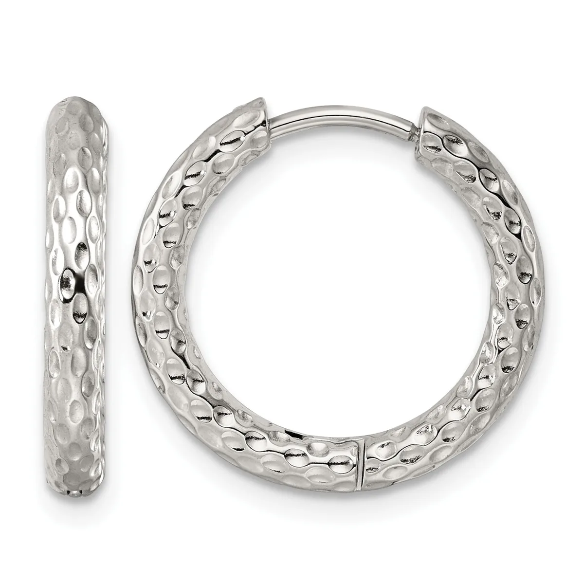 A pair of silver hoop earrings with a textured, dimpled surface pattern shown from front and side views.