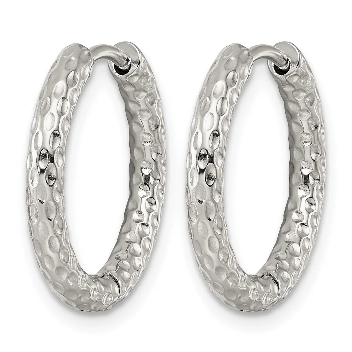 A pair of silver hoop earrings with a textured, dimpled surface finish and hinged posts with small loop closures.
