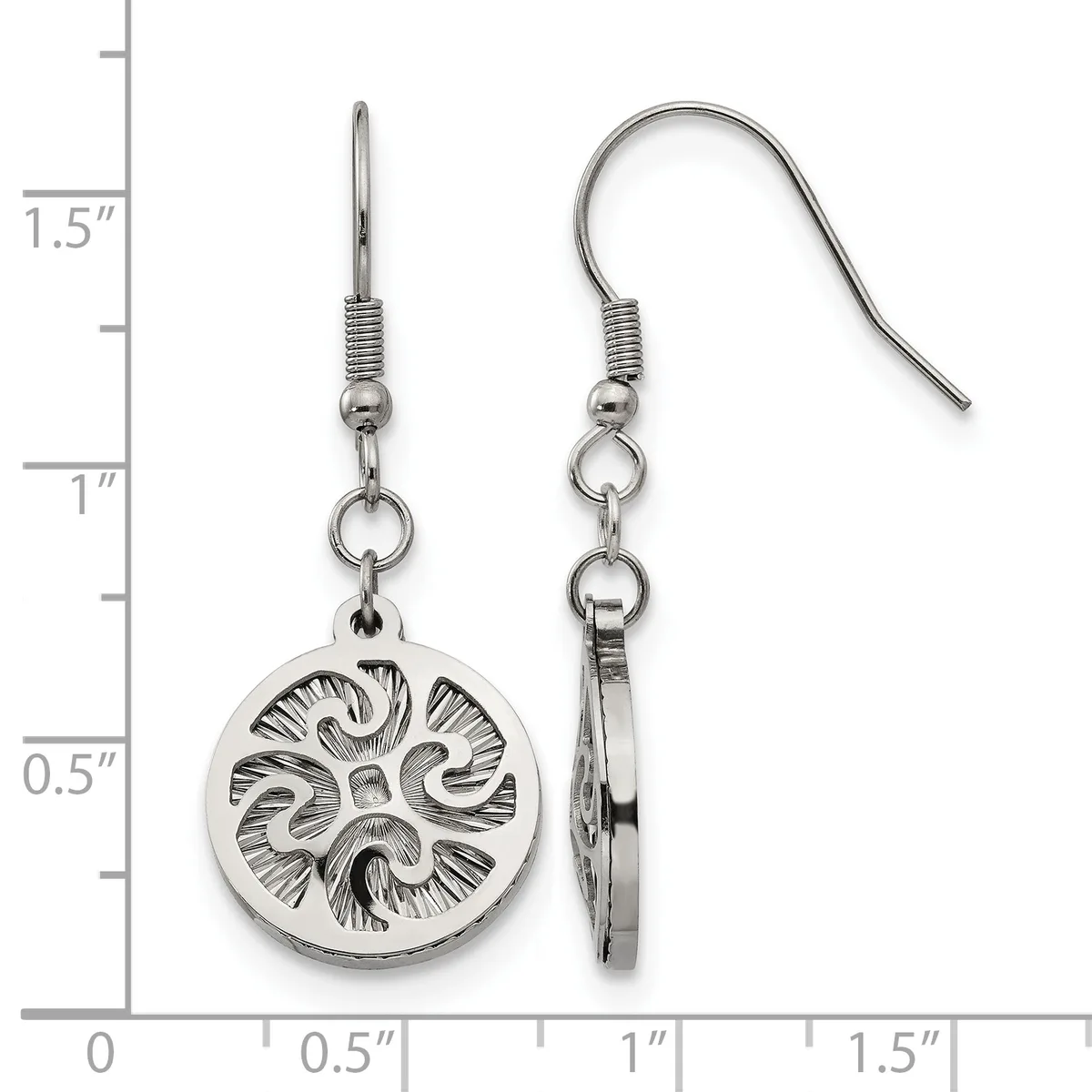 Pair of silver-toned earrings with ornate circular pendants featuring detailed spiral designs, shown at actual size against a measurement scale.